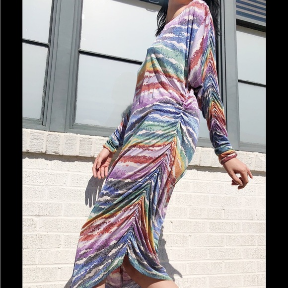 MISSONI 80S MULTICOLOR SILK JERSEY RUCHED SLEEVE DRESS - Picture 6 of 7